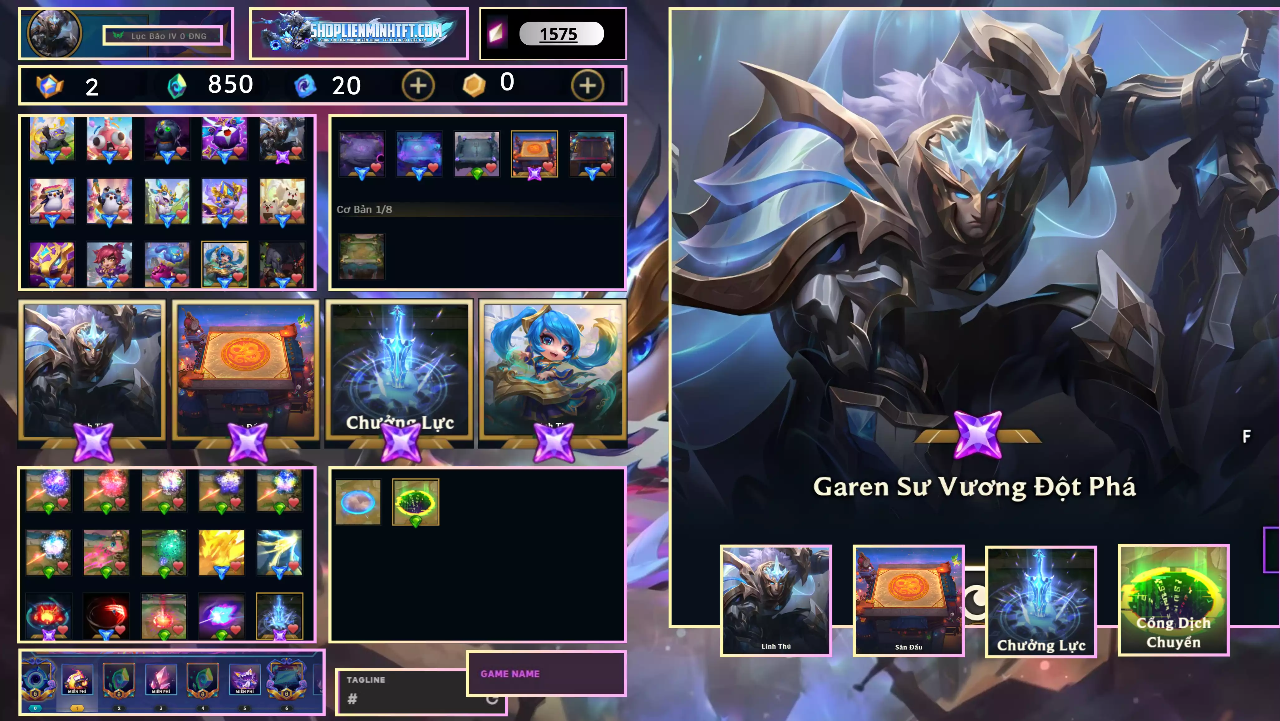 - Garen Sư Vương Đột Phá Kèm Chưởng - Dư 2 Huy Chương - 0 Vàng - 4 Tím - 1 Sàn Tím - Dư 850 Pha Lê - 2 Tí Nị Thường - 4 Sàn Đỏ - Chưởng Lực Như Ảnh - Rank Lục Bảo  - Còn Đổi Tên